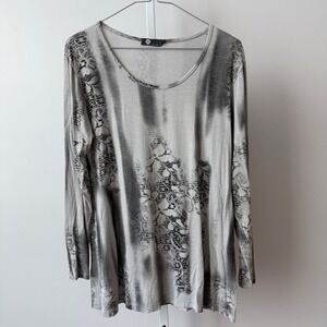 M Made in Italy sz S Long Sleeve Tunic‎ Top Grey Lace Print Lagenlook boho